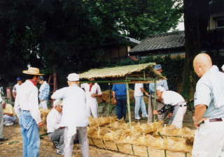 写真：はみ出した麦わらを切りそろえます。