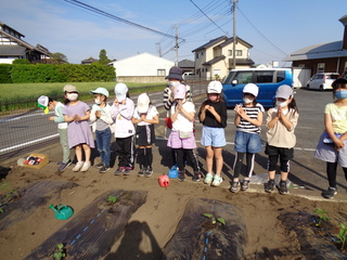 オクラの種まき後、種の成長をお祈りする子どもたち