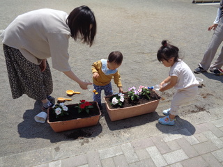 花に水をあげているところ